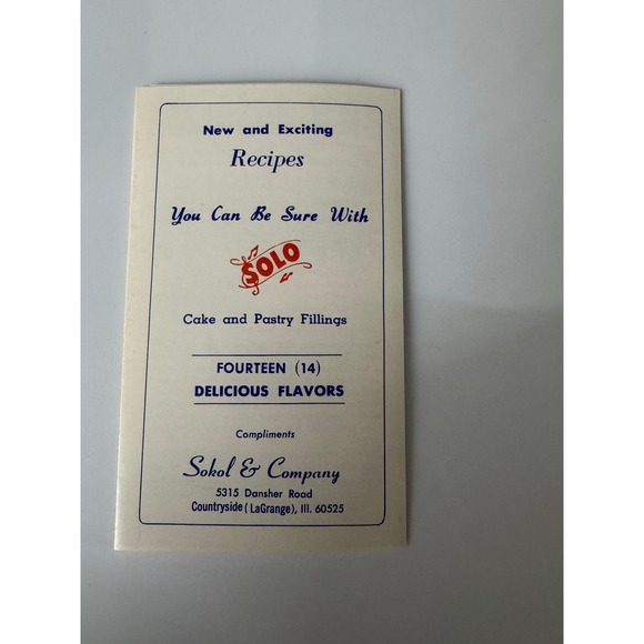 Other - Vintage 1972 Solo Cake and Pastry Fillings Recipe Pamphlet Sokol & Company